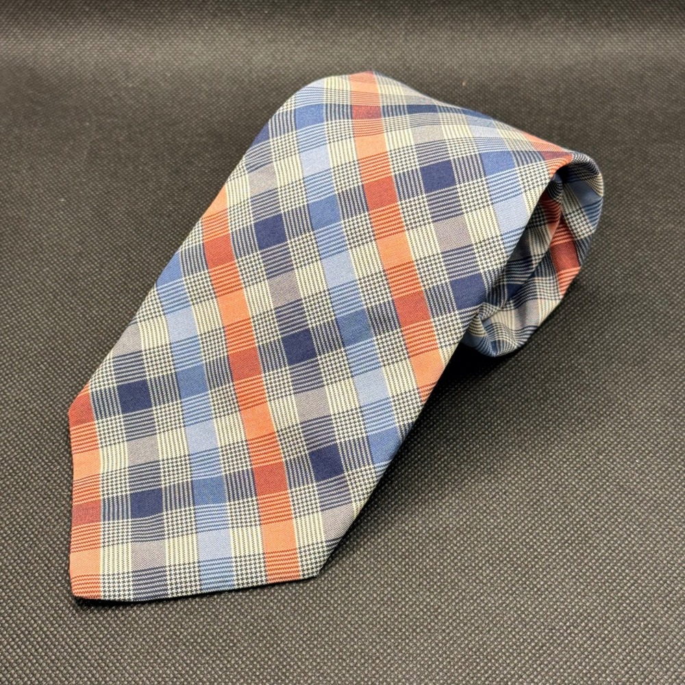 Vintage Brooks Brothers Blue Orange Plaid Silk Tie 4" x 58" Made in USA - Picture 1 of 3